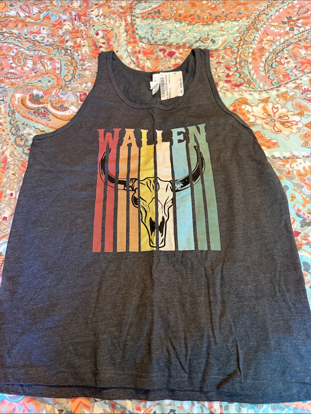 Bella Canvas Charcoal Tank with Rainbow Stripe Bull Skull